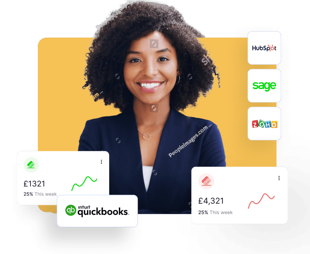 image of woman showing financial graphs and logos of QuickBooks, ZohoBooks, Hubspot and Sage