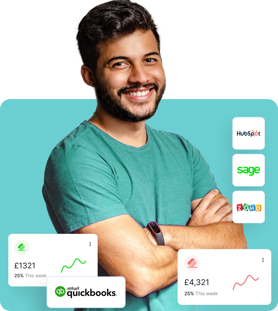 a man with his arms crossed surrounded by logos of accounting and CRM systems including QuickBooks, Hubspot, Sage, and Zoho