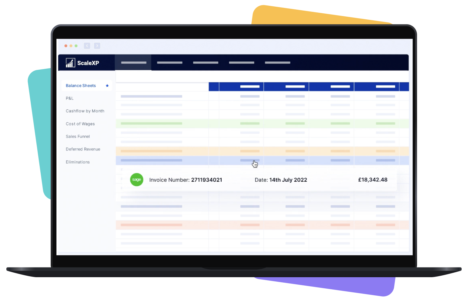 User interface of ScaleXP showing invoice details and balance sheets on a laptop screen.