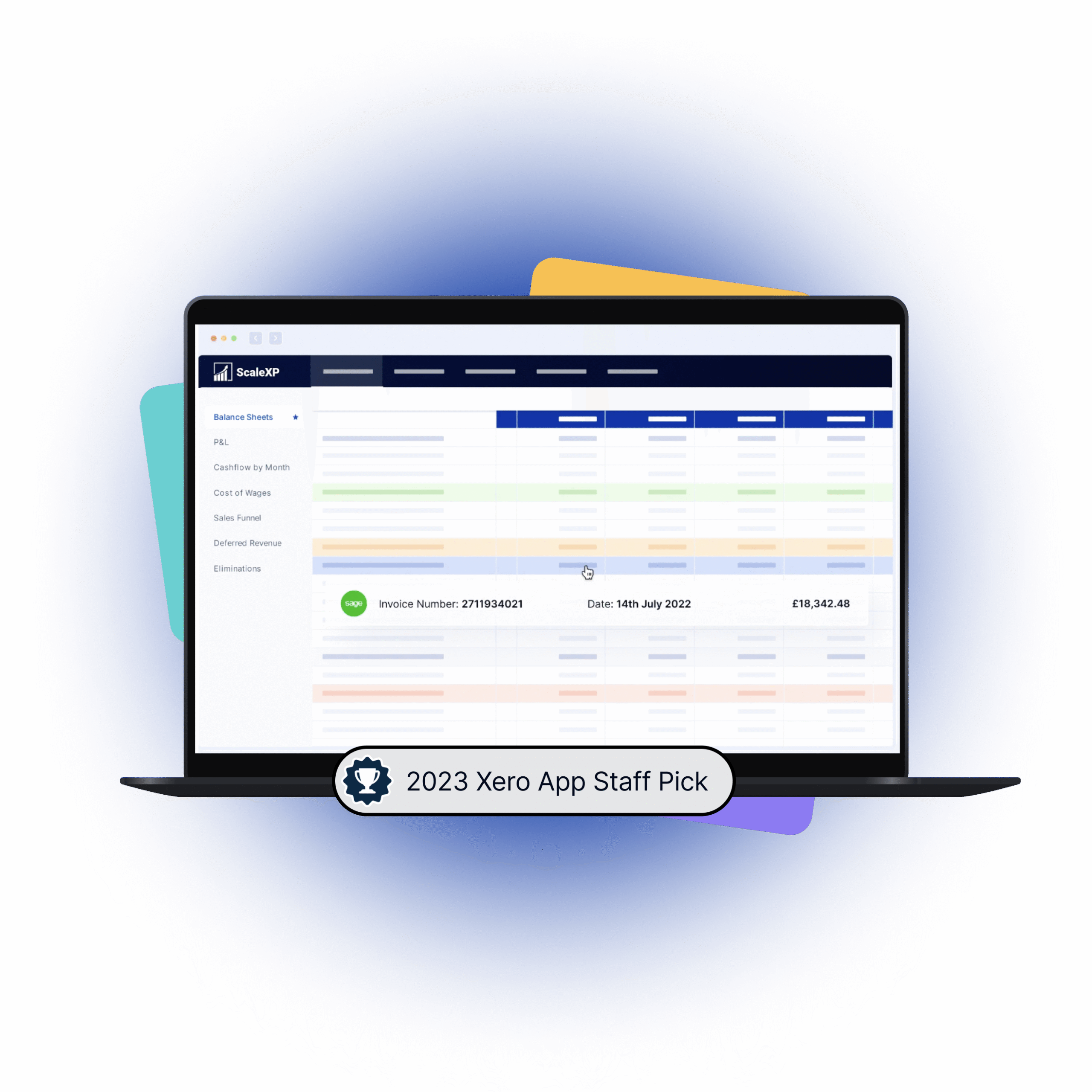 Screenshot of the 2023 Xero App Staff Pick interface displaying invoice details and financial data.