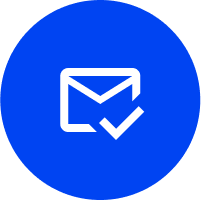 Circular blue icon featuring an envelope with a checkmark symbol inside.