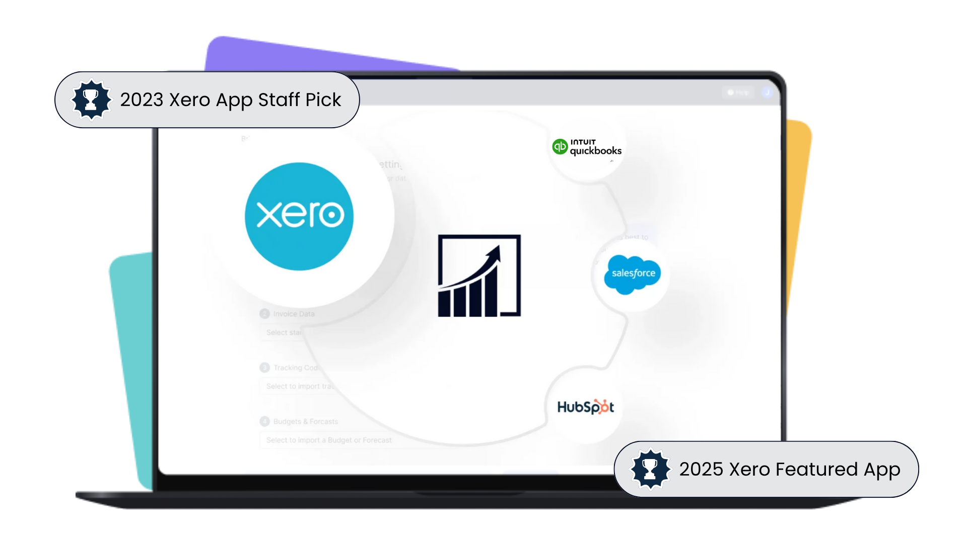 Graphic representation of Xero, Salesforce, and HubSpot logos with a growth chart on a laptop screen.