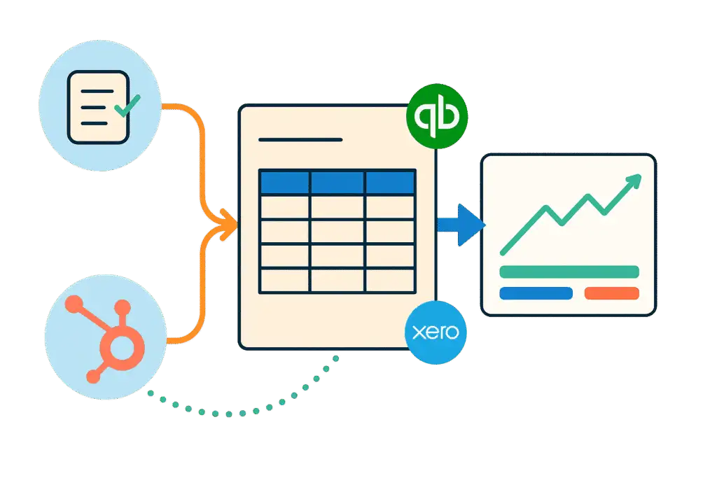 Diagram illustrating data integration between QuickBooks and Xero with a table and checkmark icons.