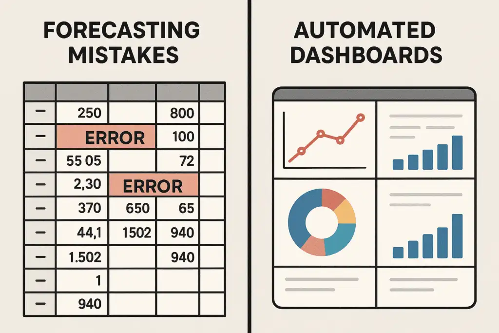A side-by-side comparison of forecasting mistakes and automated dashboards with charts and data tables.