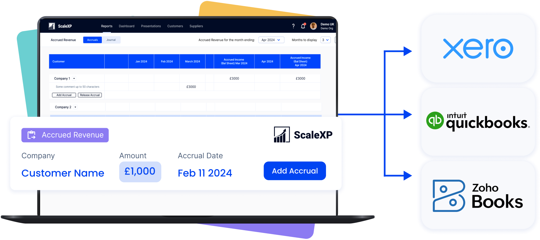 Financial dashboard interface displaying accrued revenue details and integration options for accounting software.