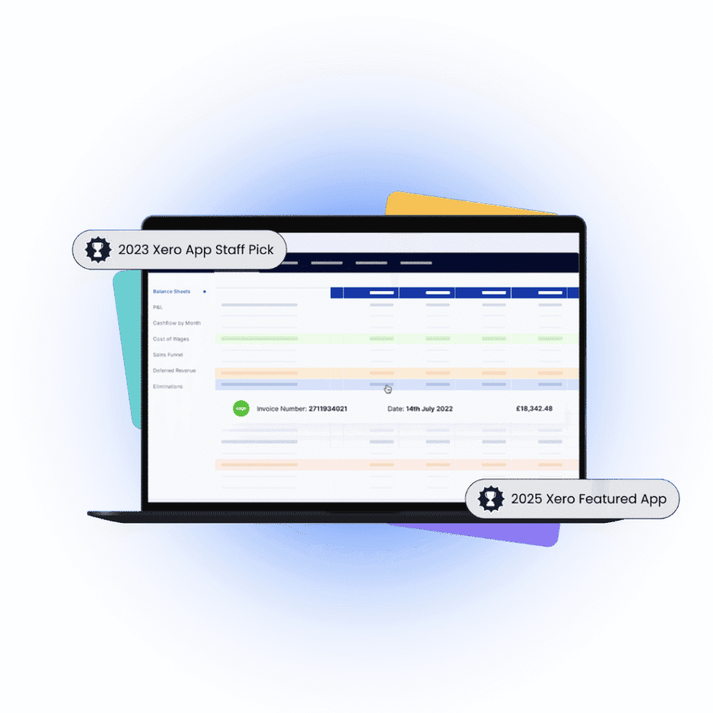 Laptop screen showing a financial software interface with invoice details and app recognition labels.