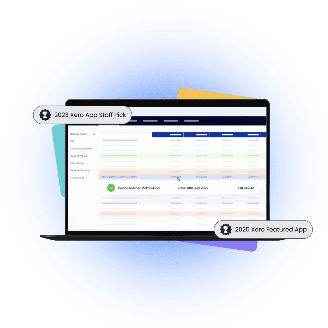 Laptop screen showing a financial software interface with invoice details and app recognition labels.