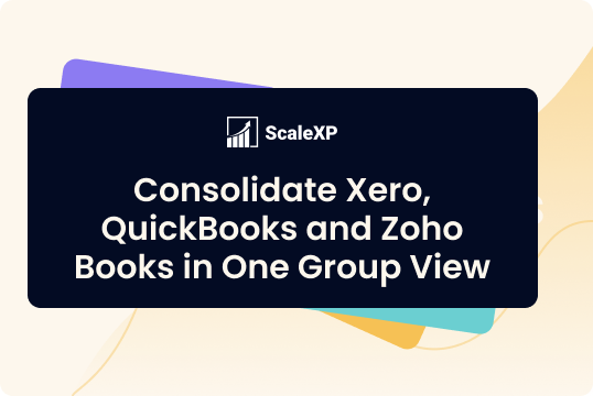 Graphic displaying a consolidated view of Xero, QuickBooks, and Zoho Books in one group view.
