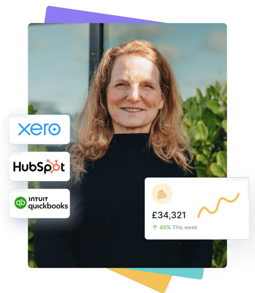 Woman with long hair wearing a black sweater, standing in front of greenery with financial data and logos of Xero, HubSpot, and Intuit QuickBooks.