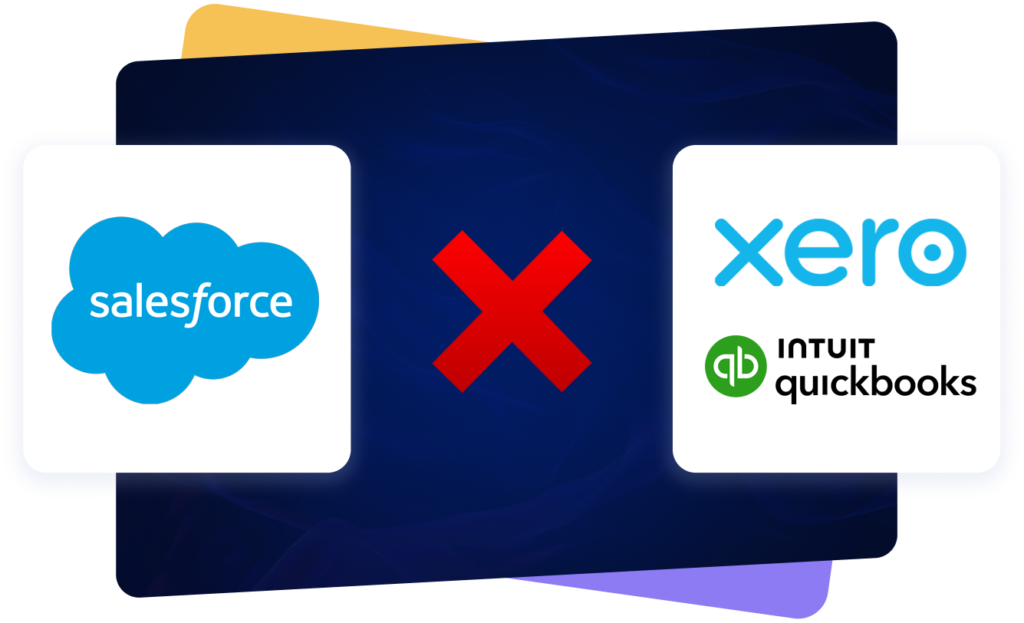 Salesforce, xero & qbo logos with a red X between them, illustrating the integration gap that fails to handle revenue recognition, targets vs. actuals, and P&L reconciliation.