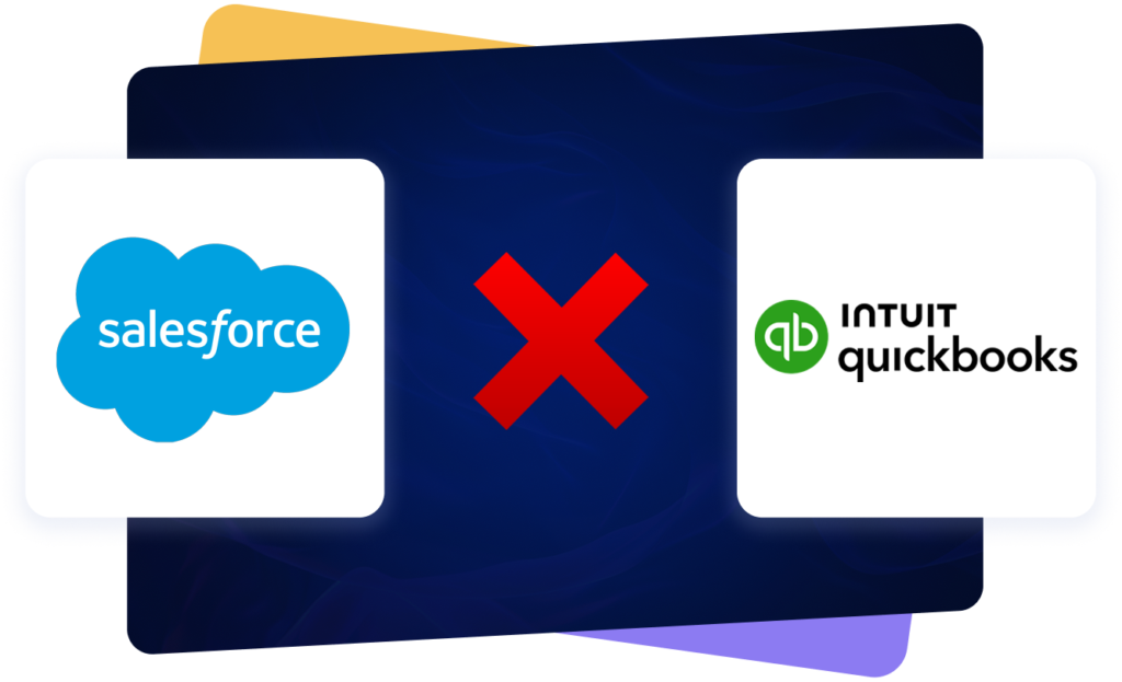 SALESFORCE and quickbooks logos with a red X between them, illustrating the integration gap that fails to handle revenue recognition, targets vs. actuals, and P&L reconciliation.