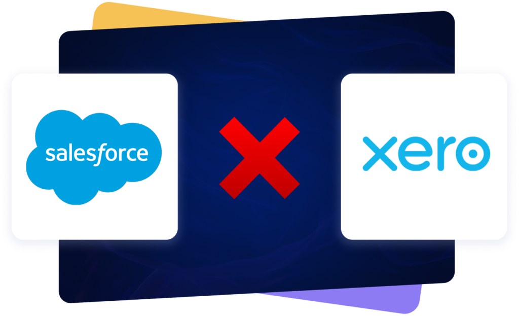 SALESFORCE and xero logos with a red X between them, illustrating the integration gap that fails to handle revenue recognition, targets vs. actuals, and P&L reconciliation.