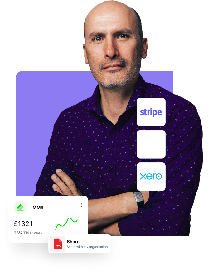 Man in a purple shirt standing next to logos of Stripe and Xero, with financial data displayed.