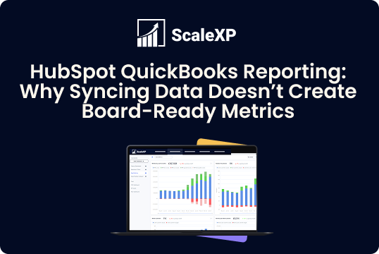 HubSpot QuickBooks reporting interface displaying data visualization graphs and metrics on a laptop screen.