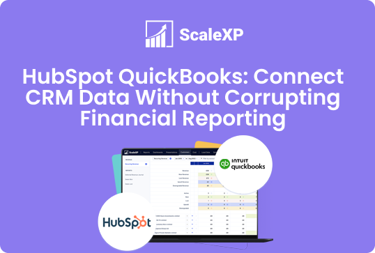 HubSpot and QuickBooks logos with a dashboard interface on a laptop screen against a purple background.