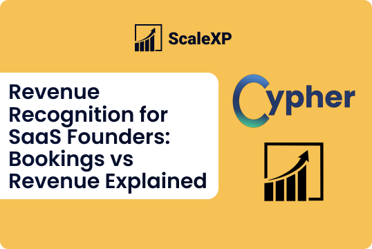 Cypher logo alongside ScaleXP branding, discussing revenue recognition for SaaS founders.