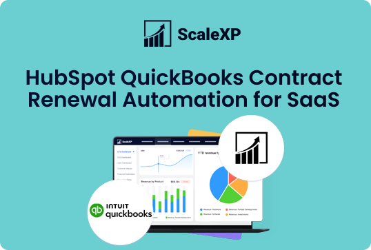 HubSpot QuickBooks contract renewal automation graphic for SaaS by ScaleXP with charts and logos.