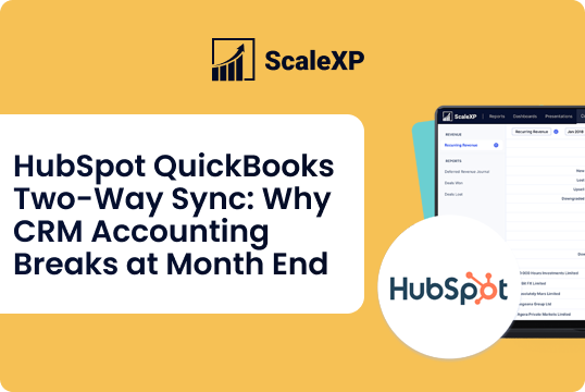 HubSpot QuickBooks two-way sync interface displayed on a screen with ScaleXP branding.