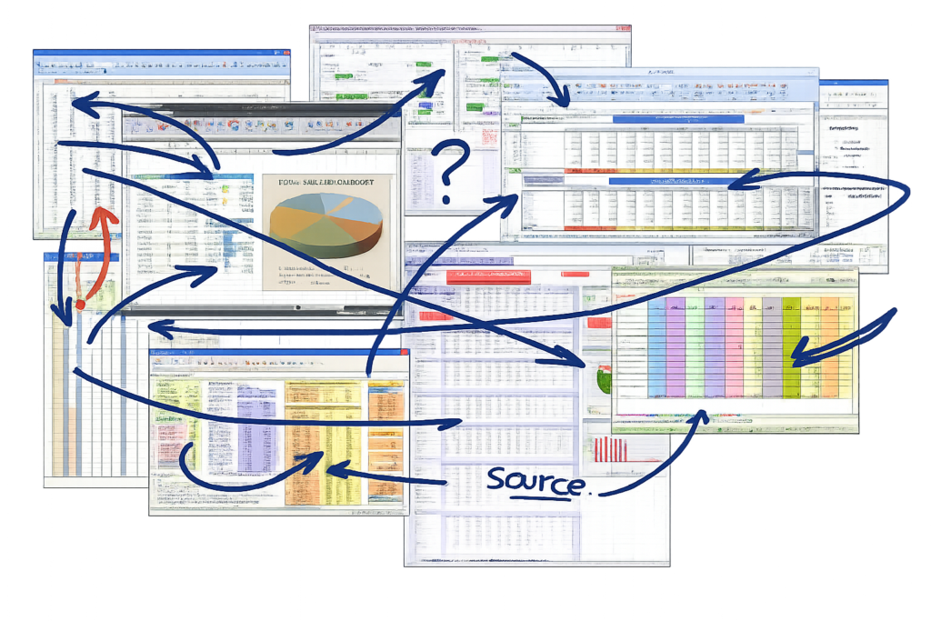 Collage of various spreadsheets and data visualizations with arrows indicating connections and flow.
