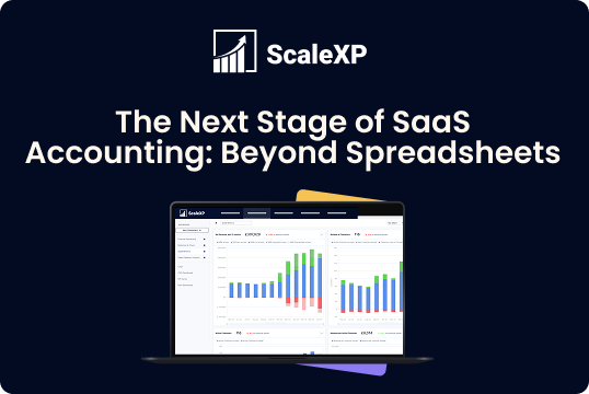 ScaleXP logo on a dark blue banner with the bold headline The Next Stage of SaaS Accounting: Beyond Spreadsheets, and a laptop showing colorful charts.