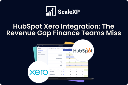HubSpot logo and Xero logo over a dark blue banner with a laptop dashboard and colorful data charts, showcasing a finance tech theme for revenue insights