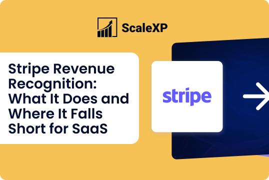 Stripe revenue recognition guide cover with ScaleXP branding, featuring a bold title and a yellow background, a white Stripe logo tile, and a blue graphic panel