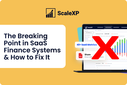 ScaleXP visual on an orange background showing a laptop with dashboards and a bold red X over charts, accompanied by the title The Breaking Point in SaaS Finance Systems & How to Fix It.