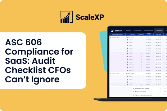 ASC 606 Compliance for SaaS: Audit Checklist CFOs Can’t Ignore on ScaleXP interface displayed beside a laptop, set against a bright orange background with blue accents