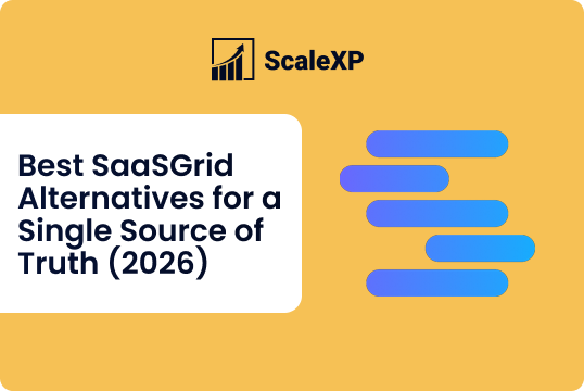 SaaSGrid visual with ScaleXP branding on a warm yellow backdrop, blue rounded bars to the right, and a white rounded text panel featuring bold typography