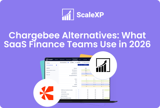 Chargebee alternatives for SaaS finance teams in 2026 on ScaleXP, featuring a laptop screen with financial charts and circular icons in a purple background.