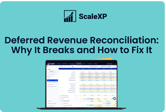 ScaleXP presentation on deferred revenue reconciliation with a laptop displaying data analysis.