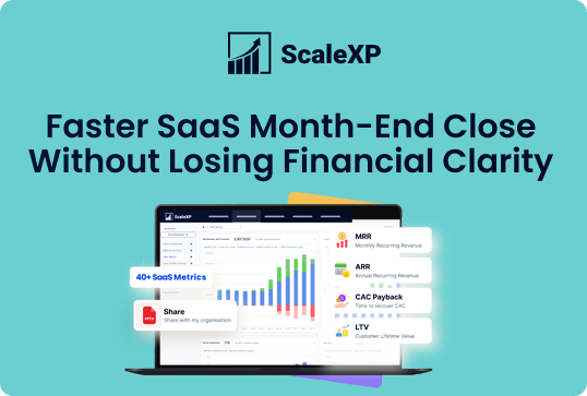 ScaleXP SaaS dashboard on a laptop with charts and metrics in turquoise and blue, illustrating month-end close analytics and financial clarity visuals.