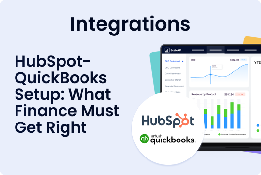ScaleXP integrations banner featuring HubSpot and QuickBooks Online logos on a laptop screen with a blue background and a white circular badge, highlighting business software connections.