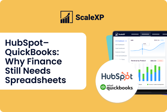 ScaleXP article cover featuring HubSpot and QuickBooks logos on a yellow background with a laptop display, emphasizing finance spreadsheets.