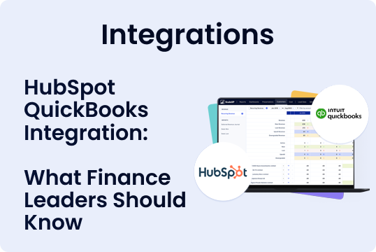 Graphic illustrating HubSpot QuickBooks integration with a laptop displaying financial data and logos of both platforms.
