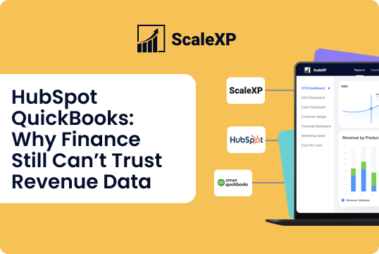 HubSpot and QuickBooks revenue data theme illustrated with a bright yellow background, showing a laptop displaying charts alongside HubSpot and QuickBooks icons.