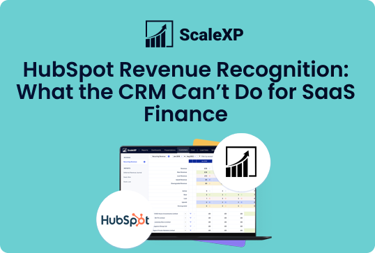 HubSpot revenue recognition infographic on teal background showing HubSpot and ScaleXP logos, a laptop mockup, and chart icons.