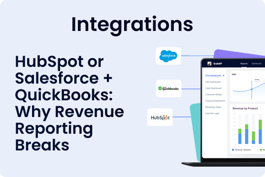 HubSpot, Salesforce, and QuickBooks logos appear beside a laptop displaying colorful charts and dashboards on a soft blue background, illustrating integrations and data visualization.