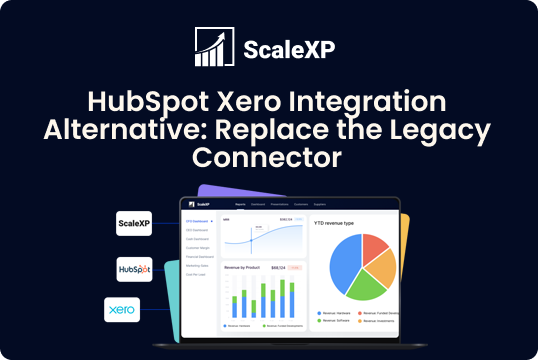 Dark blue ScaleXP graphic featuring HubSpot and Xero logos alongside a laptop screen with charts and a colorful pie chart.