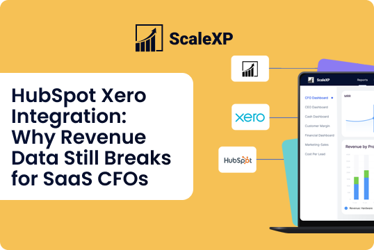 HubSpot and Xero integration concept with ScaleXP branding on orange banner, featuring a laptop display and interconnected logos for SaaS finance analytics