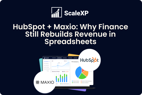 HubSpot and Maxio integration dashboard on a dark blue background with colorful charts and logos, illustrating analytics and data connections.