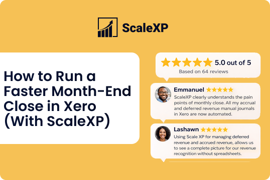 Orange website hero with a white rounded content block featuring ScaleXP branding and a Xero reference, illustrating a month-end close concept in a dashboard style layout.