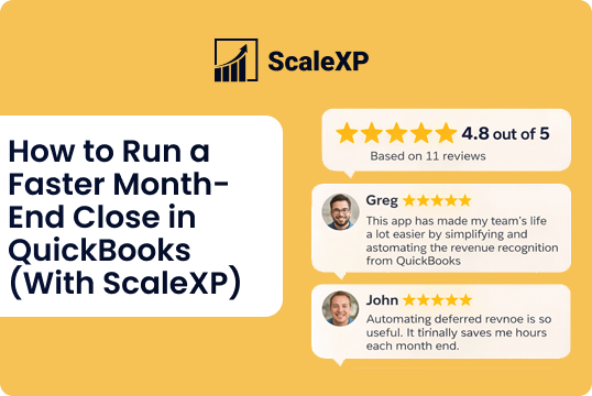 Yellow ScaleXP graphic referencing QBO with branding, illustrating a quicker month-end close in QuickBooks Online and client testimonials on the right