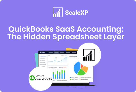 ScaleXP blog illustration showing QuickBooks and SaaS accounting analytics on a laptop with charts and graphs, set against a purple background