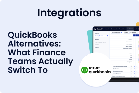 Graphic with the Intuit QuickBooks logo on a round badge beside a laptop, showcasing the bold blue headline Integrations: QuickBooks Alternatives: What Finance Teams Actually Switch To.