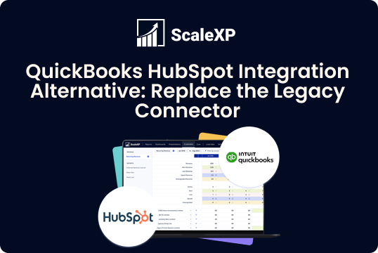 ScaleXP QuickBooks HubSpot integration alternative graphic on a dark blue background, with white circular logos above a laptop screen and glossy finish.