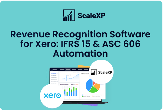 Revenue recognition software for Xero showcasing IFRS 15 and ASC 606 automation with graphs and charts.