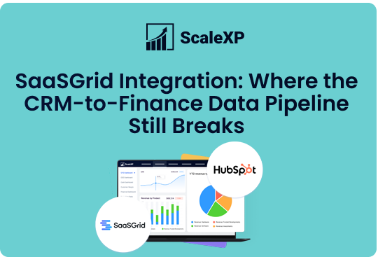 ScaleXP article image featuring SaaSGrid and HubSpot dashboards on a teal background, illustrating CRM-to-Finance data pipeline integration.