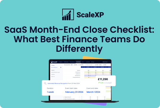 ScaleXP logo on a teal banner with the headline 'SaaS Month-End Close Checklist: What Best Finance Teams Do Differently' and a laptop illustration beneath.