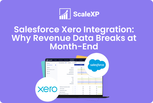 Purple background with a laptop screen showing dashboards, featuring the Salesforce and Xero logos to illustrate a data integration concept involving revenue data and monthly reporting.